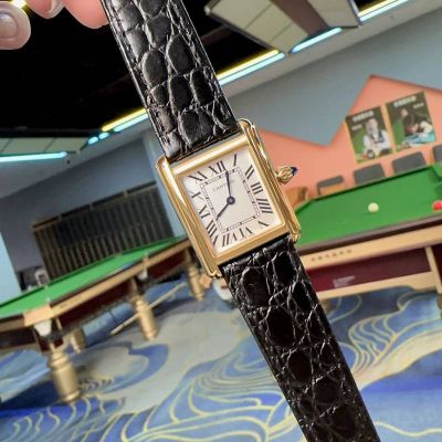 Cartier Tank Must 25.5*33.7/29.5*22MM Gold Bezel Black Strap Men's and Women's Watch